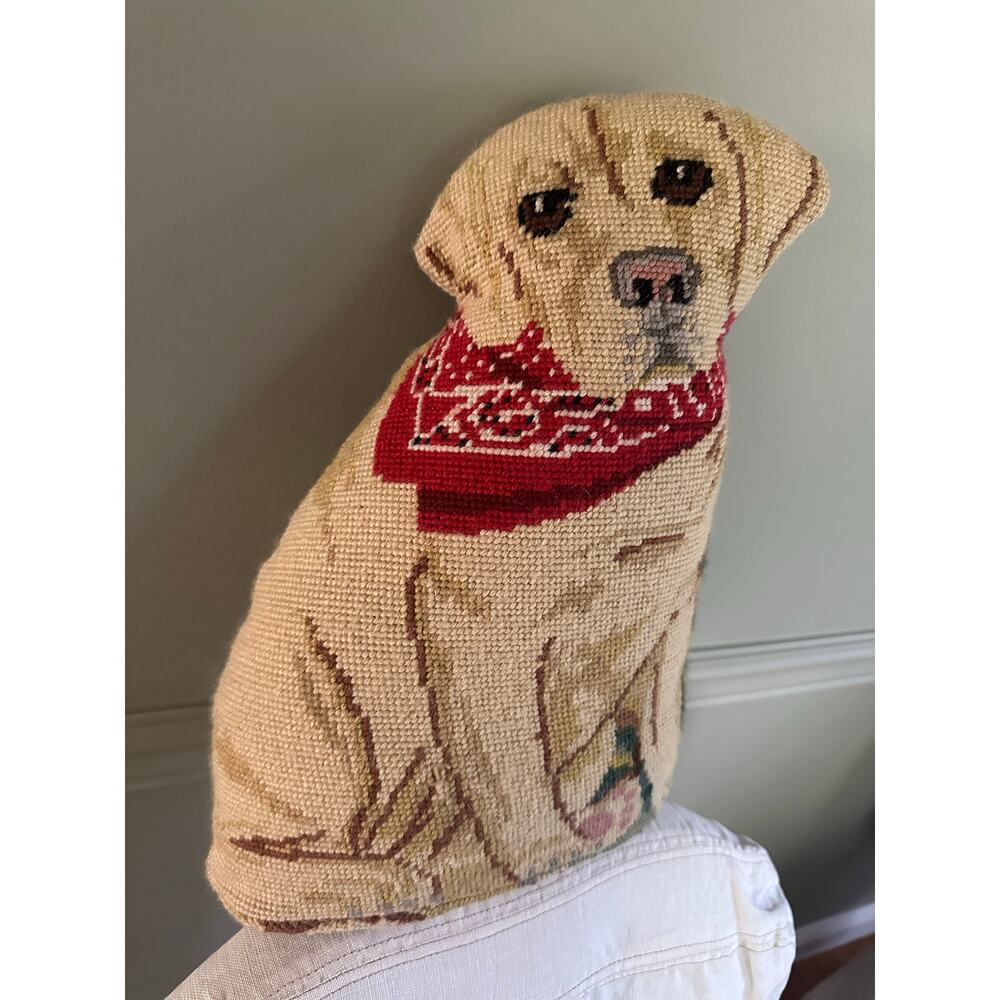 Vintage Needlepoint Yellow Lab Dog Pillow red bandana rare unique 13x8.5” wool